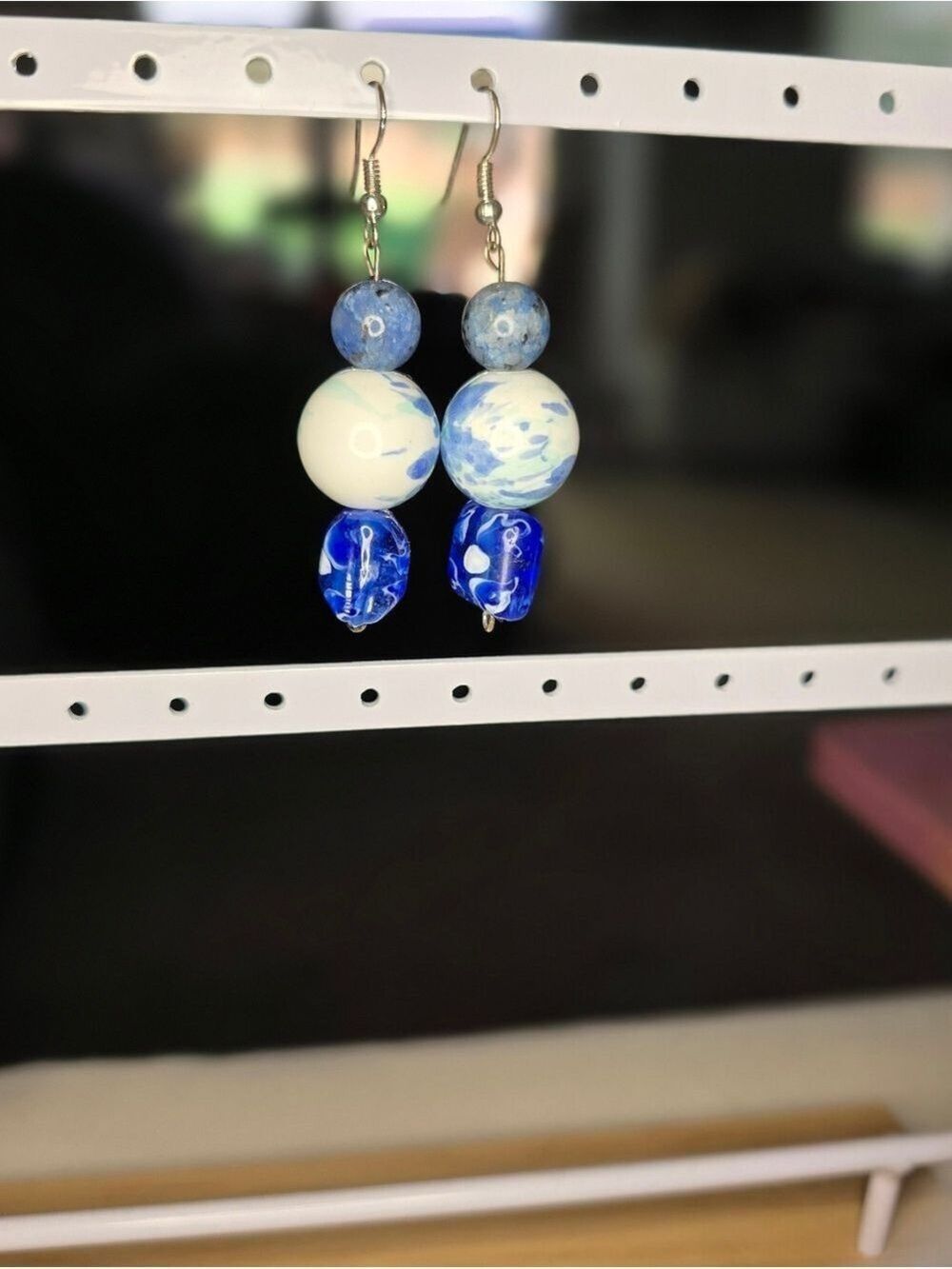 Handmade Blue and White Bead Drop Earrings